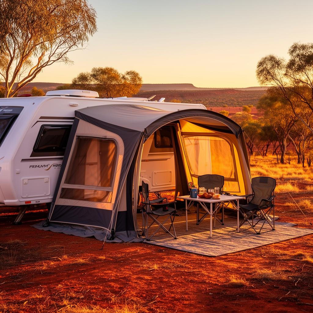 Premium custom fitted caravan annex attached to an off road van at a Queensland campsite, expanding outdoor living space with screened walls and durable flooring