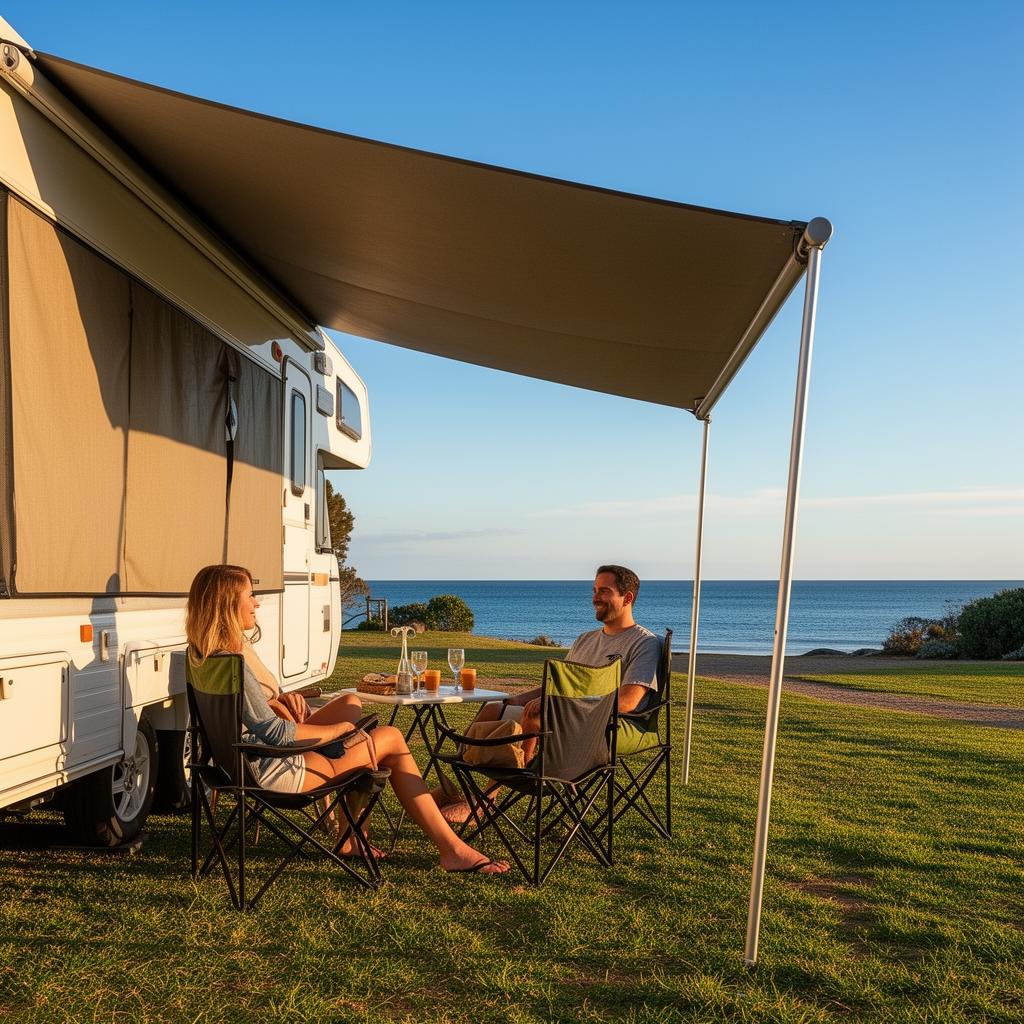 Family enjoying their caravan outdoor living space with camping chairs, table and shade wall set up at a scenic bush campsite in Queensland